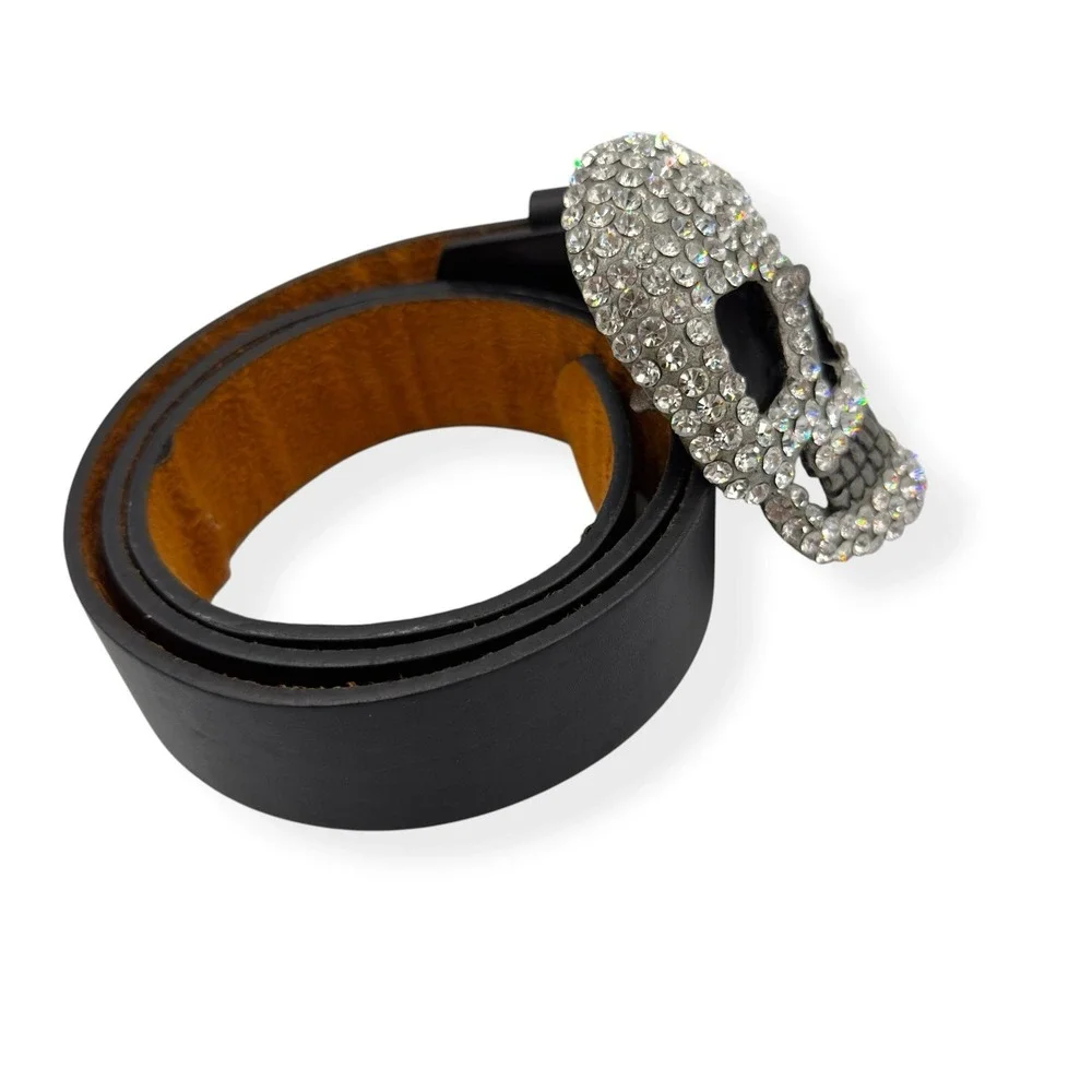 Studded‎ Skull Black Genuine Leather Belt Rock Rhinestones Men's Size 34-36